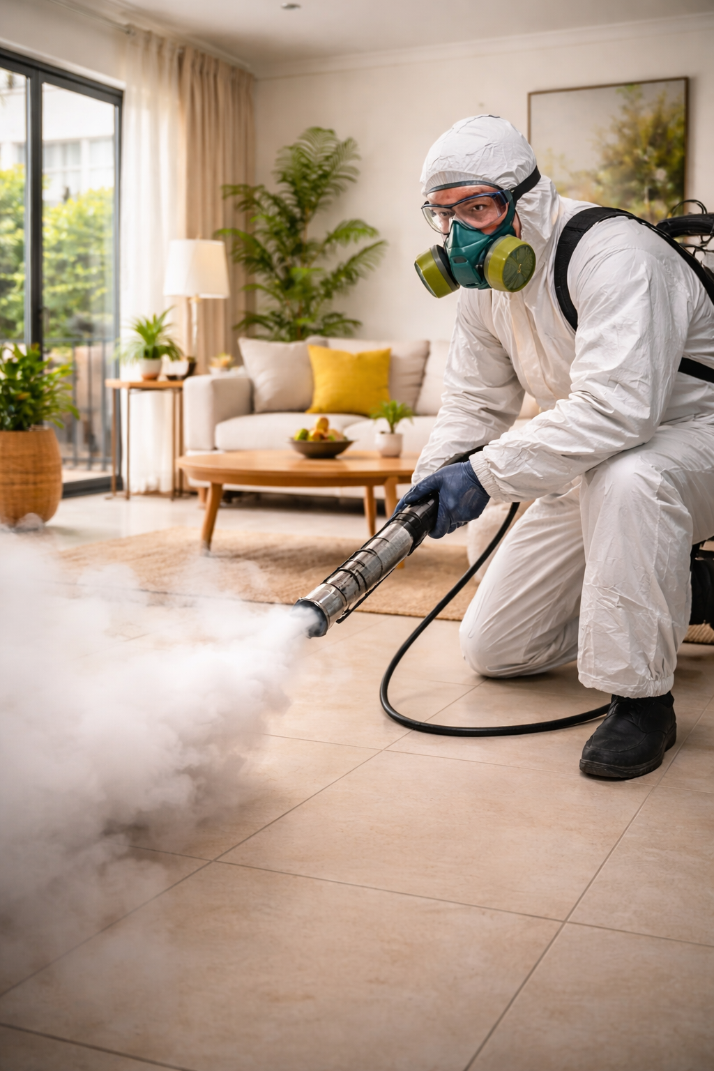 Professional pest control worker fumigating a Lagos home wearing protective suit, mask, and gloves Lagos Nigeria