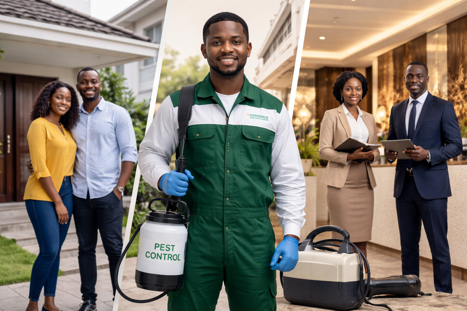 Professional Nigerian pest control technician inspecting a hotel and residential property for pest management services in Lagos Nigeria