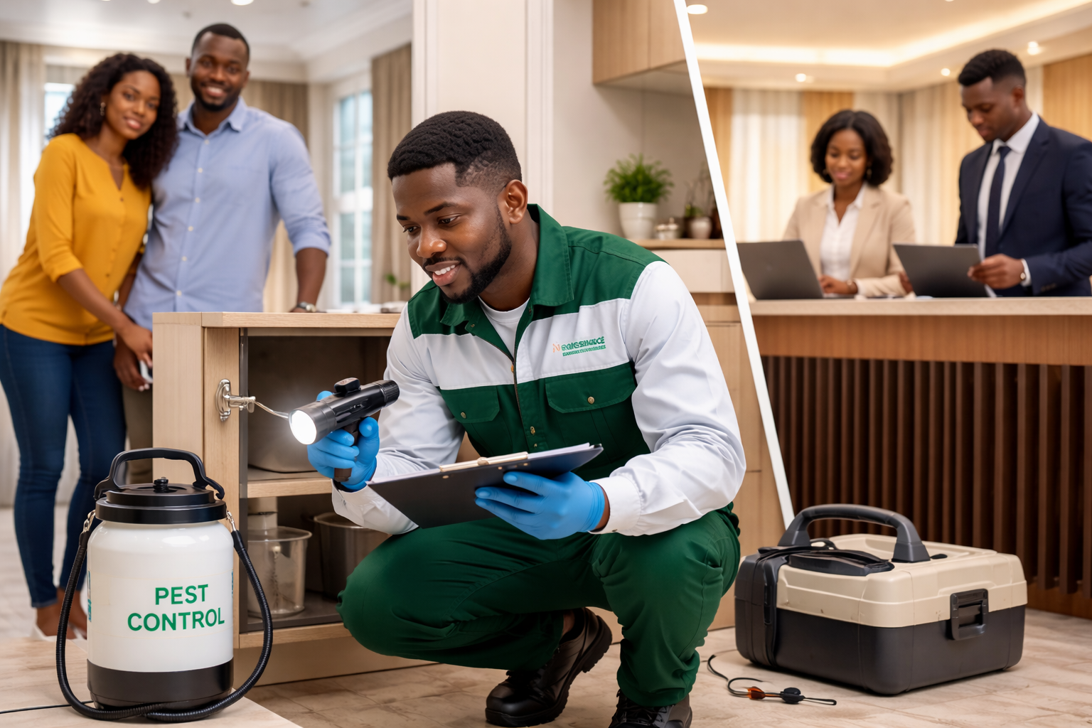 Professional Nigerian pest control technician performing routine pest inspection in a modern Lagos property
