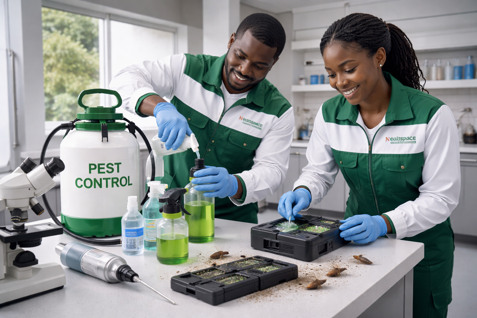 Nigerian family in a modern home receiving professional pest control treatment to reduce health risks from infestations