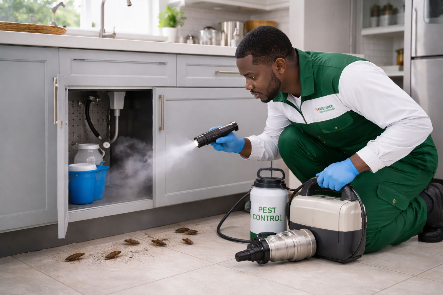 Professional Nigerian pest control technician inspecting a property after discovering signs of severe pest infestation in Lagos