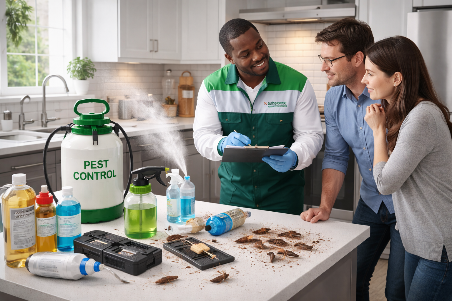 Professional Nigerian pest control technician treating recurring cockroach infestation in a modern Lagos kitchen